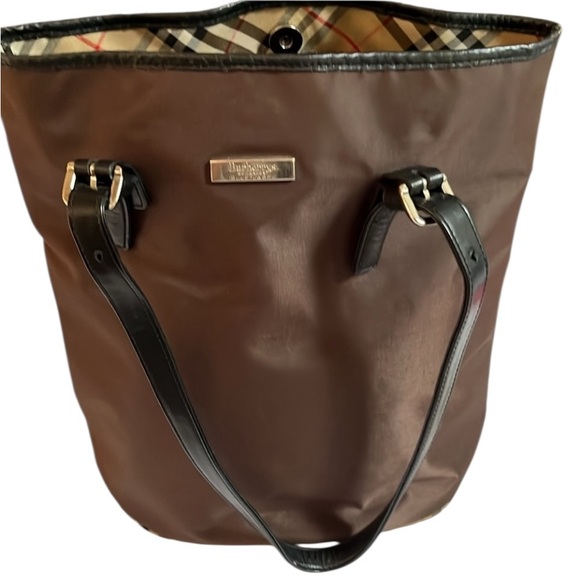 Burberry Handbags - Burberry brown microfiber bucket black genuine leather trim like new
